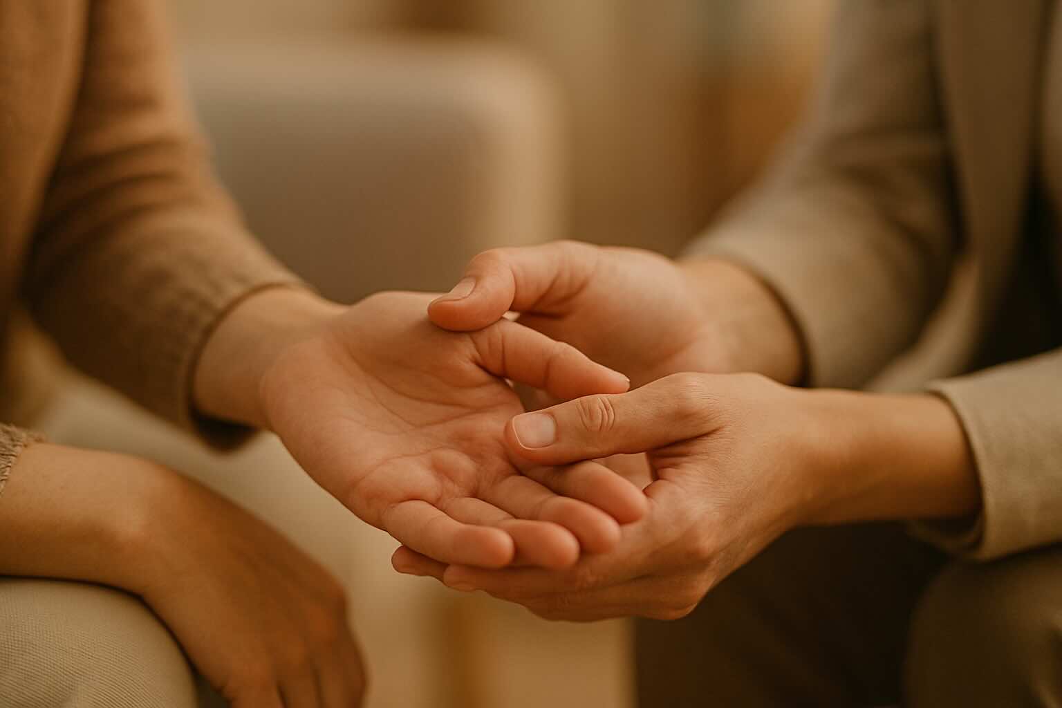 Therapist and client hands demonstrating present-moment awareness in Gestalt therapy